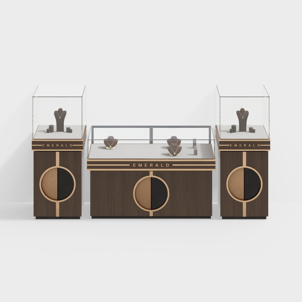 Three dark wood jewelry display cabinets with glass tops and gold details on white background