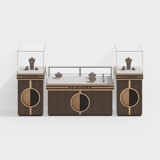 Three dark wood jewelry display cabinets with glass tops and gold details on white background