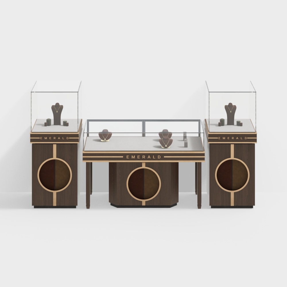 Modern dark wood jewelry display counters with glass cases and gold details on white background