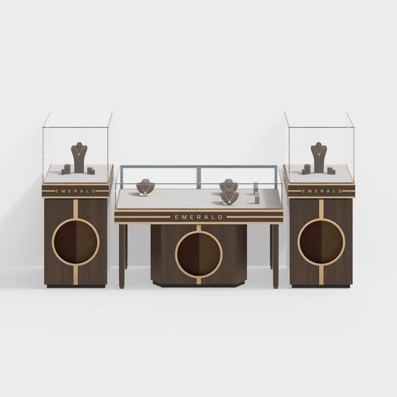 Modern dark wood jewelry display counters with glass cases and gold details on white background