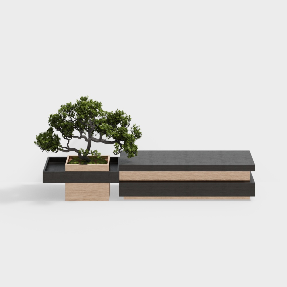 Modern low coffee table with black stone top and light wood base featuring integrated planter on white background