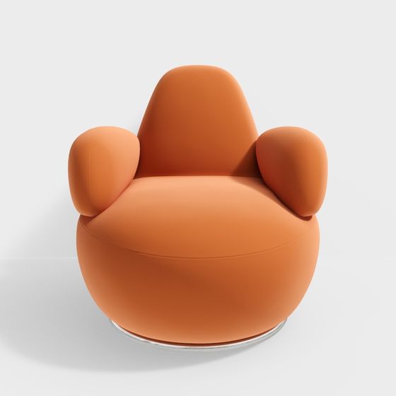 Modern round orange fabric armchair with silver metal base on white background