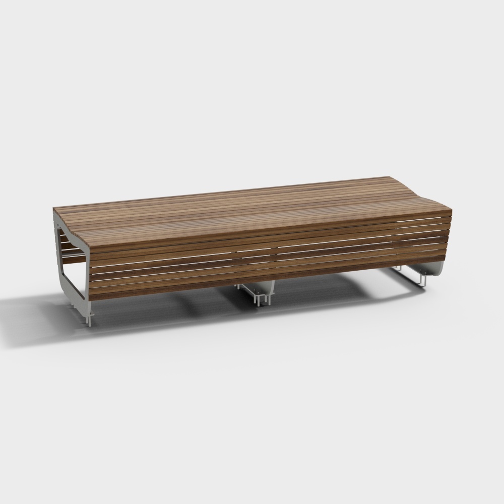 Modern outdoor bench with brown wood slats and silver metal frame on white background