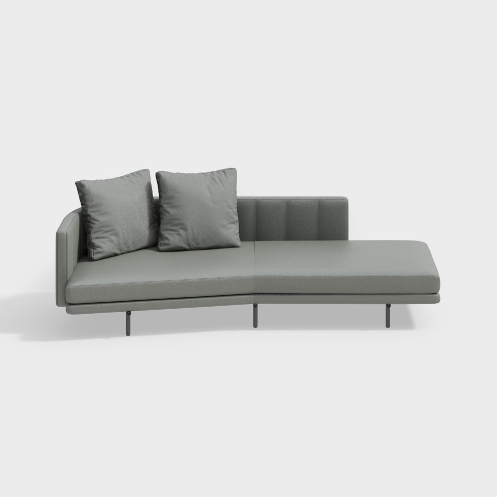 Modern grey leather sectional sofa with two pillows and black metal legs on white background