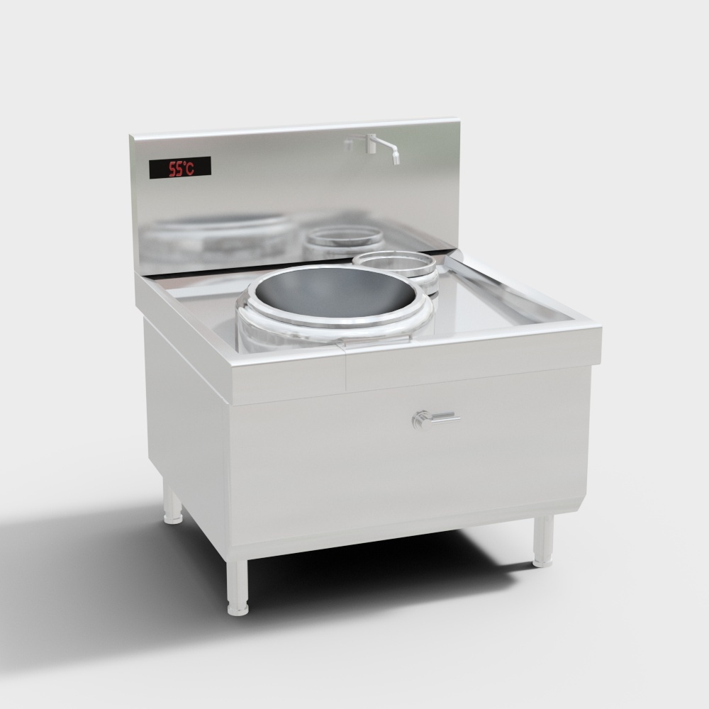 Commercial stainless steel cooking range with digital display and faucet on white background