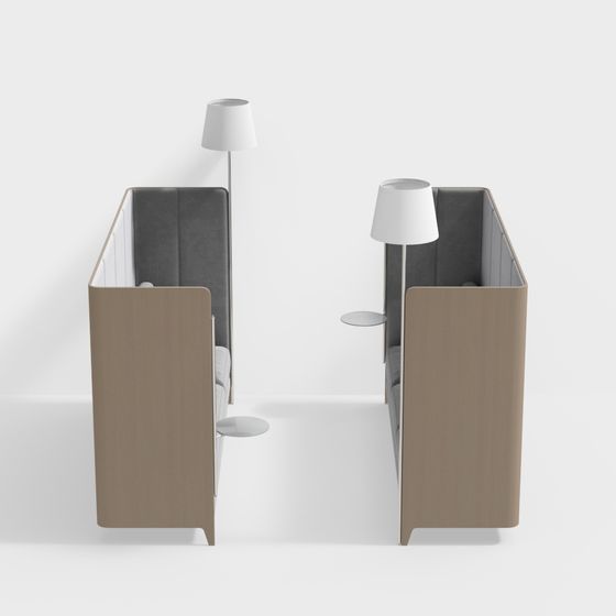 Two modern wooden privacy booths with grey fabric seats and white lamps on white background