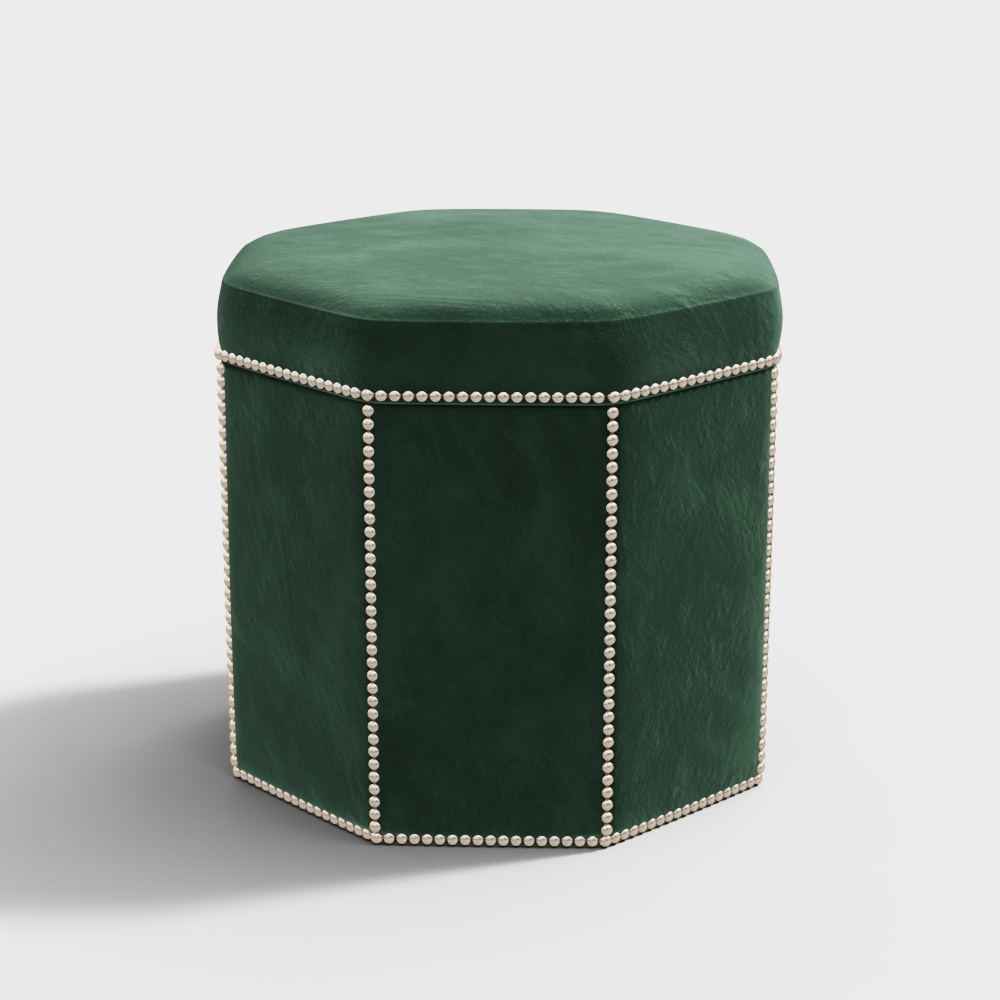 Green velvet hexagon footrest with silver nailhead trim on white background