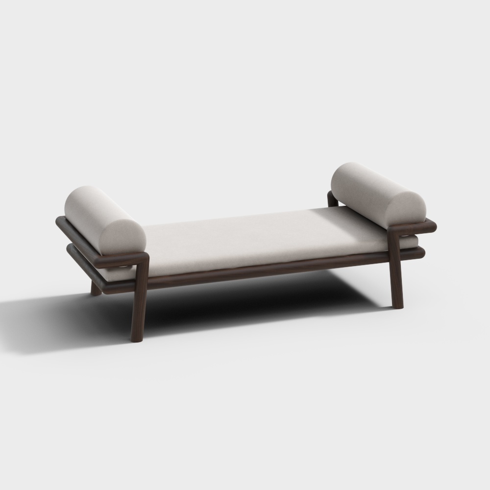 Modern daybed with dark wood frame and white cushions on grey background