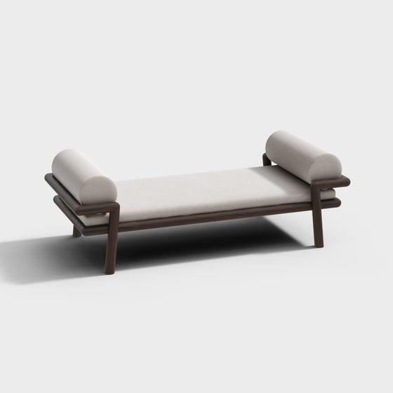 Modern daybed with dark wood frame and white cushions on grey background