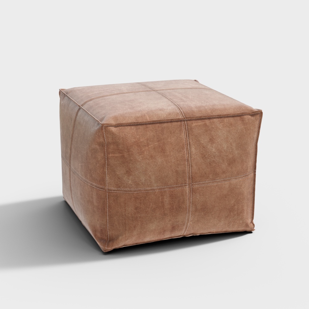Brown leather cube footrest with stitched panel design on white background