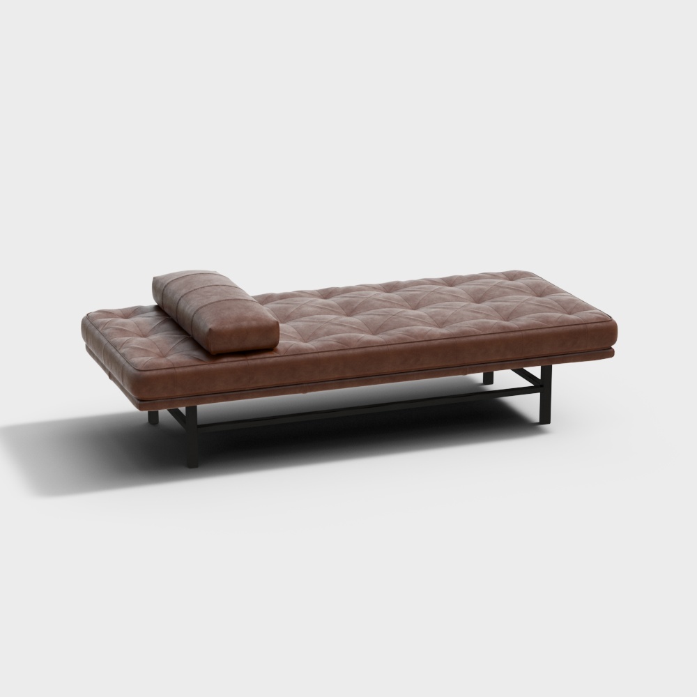 Modern brown leather daybed with black metal frame and tufted cushion on white background