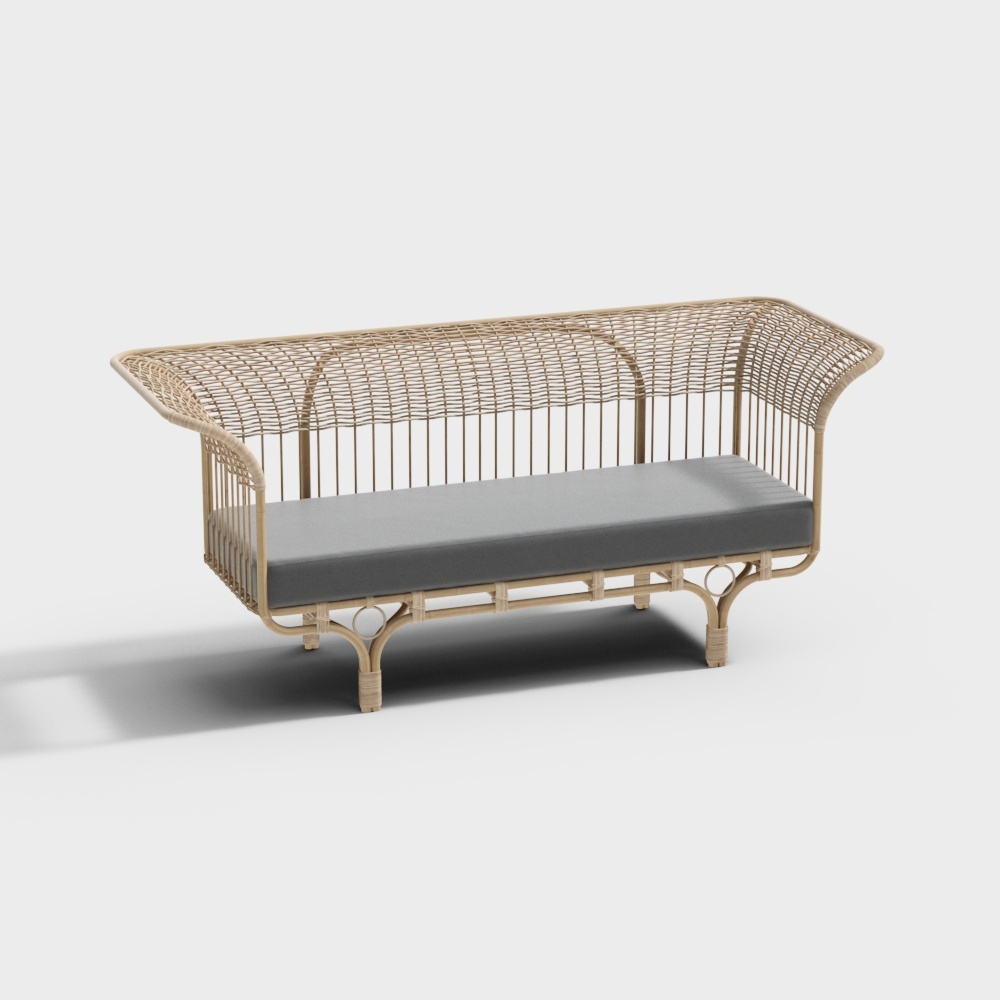 Beige rattan outdoor sofa with grey cushion on white background
