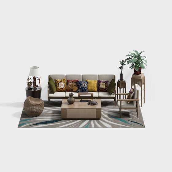 Stylish Low Polygon Sofa Set 3D model