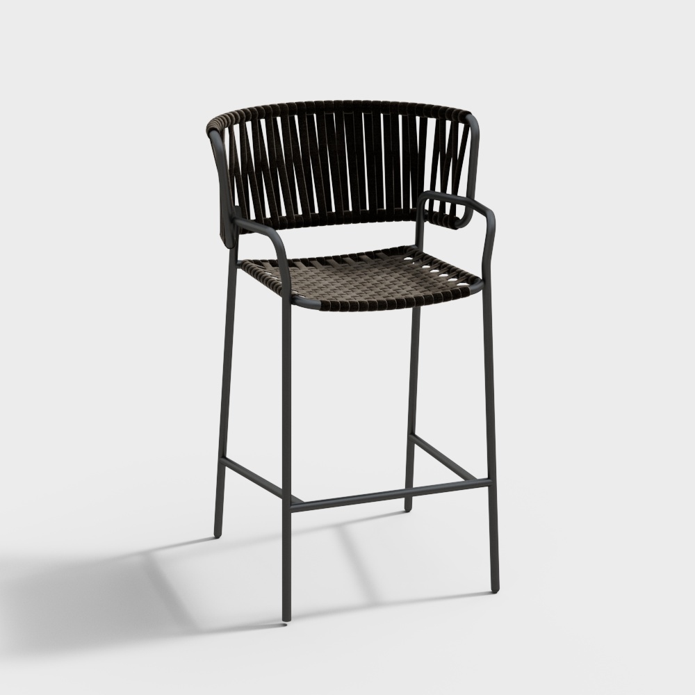 Modern black metal bar stool with woven rope seat and backrest on grey background
