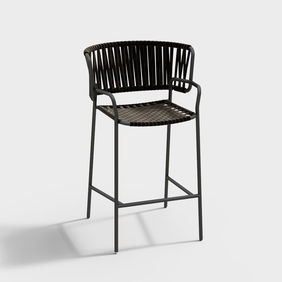 Modern black metal bar stool with woven rope seat and backrest on grey background