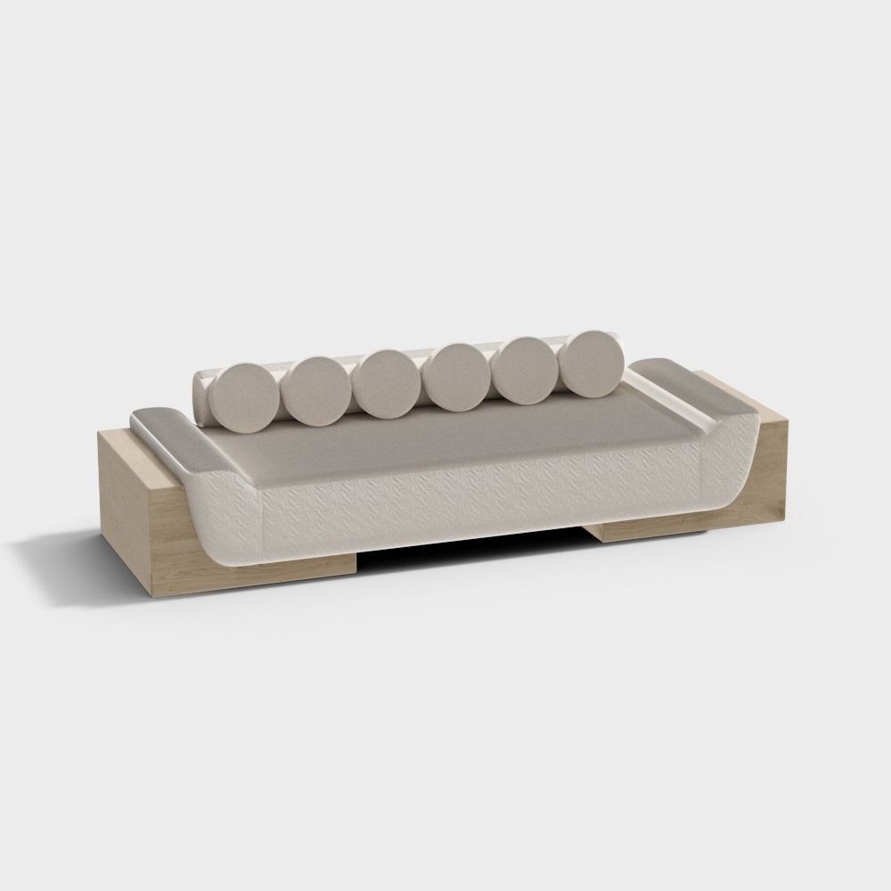 Modern beige fabric sofa with round pillows and light wood base on white background