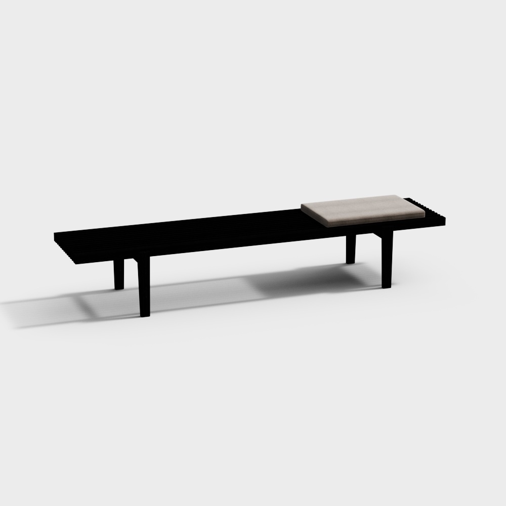 Modern black wooden bench with beige cushion and straight legs on white background