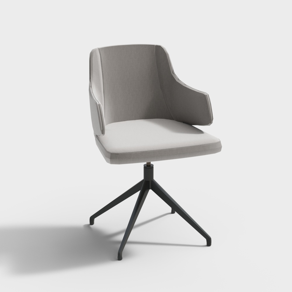 Modern light grey fabric swivel chair with black metal base on white background