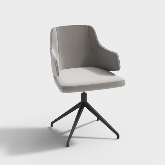 Modern light grey fabric swivel chair with black metal base on white background