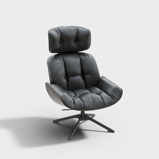 Modern black leather lounge chair with high back and metal base on white background
