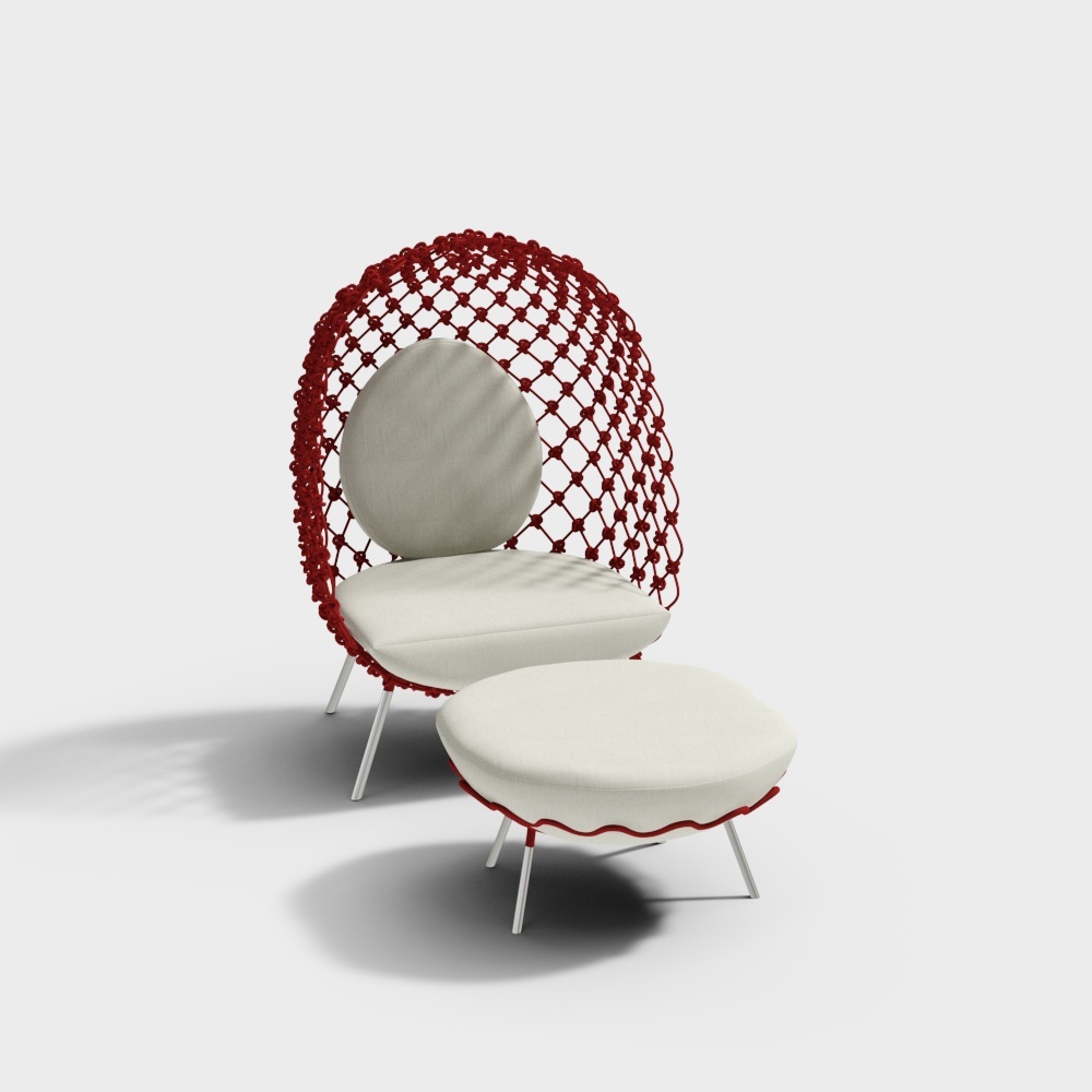 Modern red mesh armchair with white cushions and matching footrest on white background