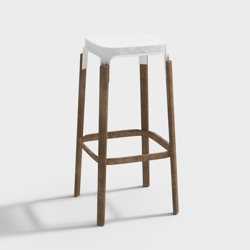 Modern white plastic bar stool with wooden legs and footrest on grey background
