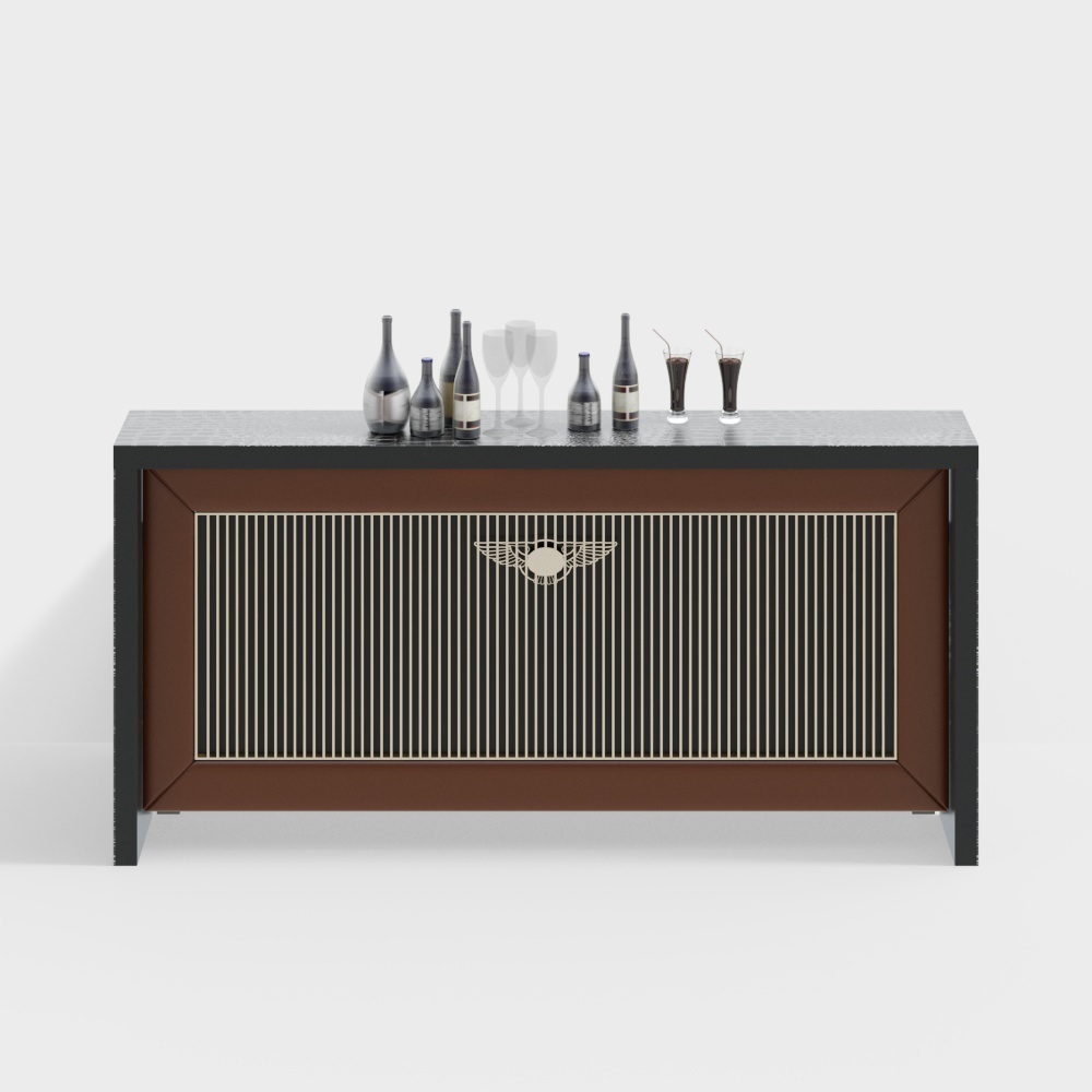 Modern brown cabinet with gold wing logo and bottles on white background