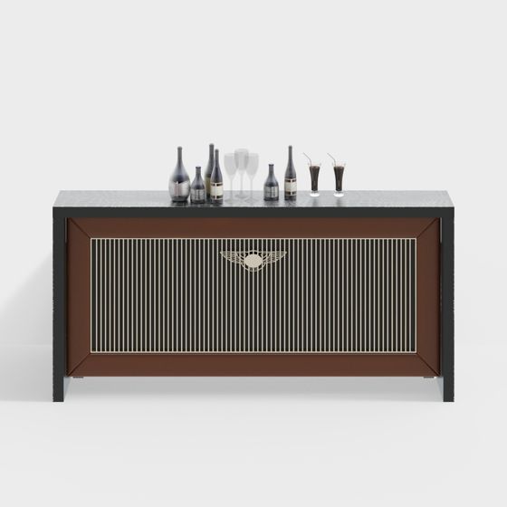 Modern brown cabinet with gold wing logo and bottles on white background