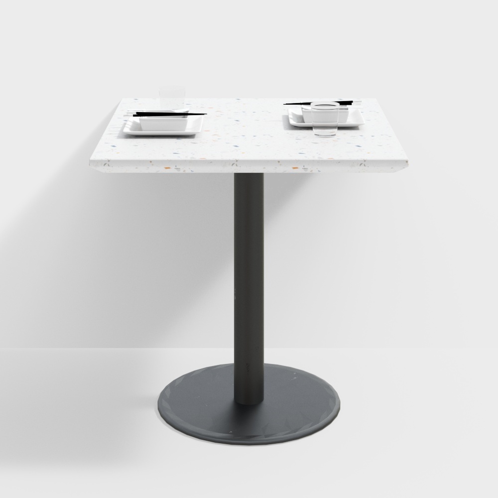 Square white terrazzo dining table with black metal base on white background