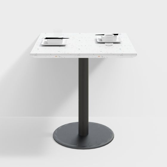 Square white terrazzo dining table with black metal base on white background