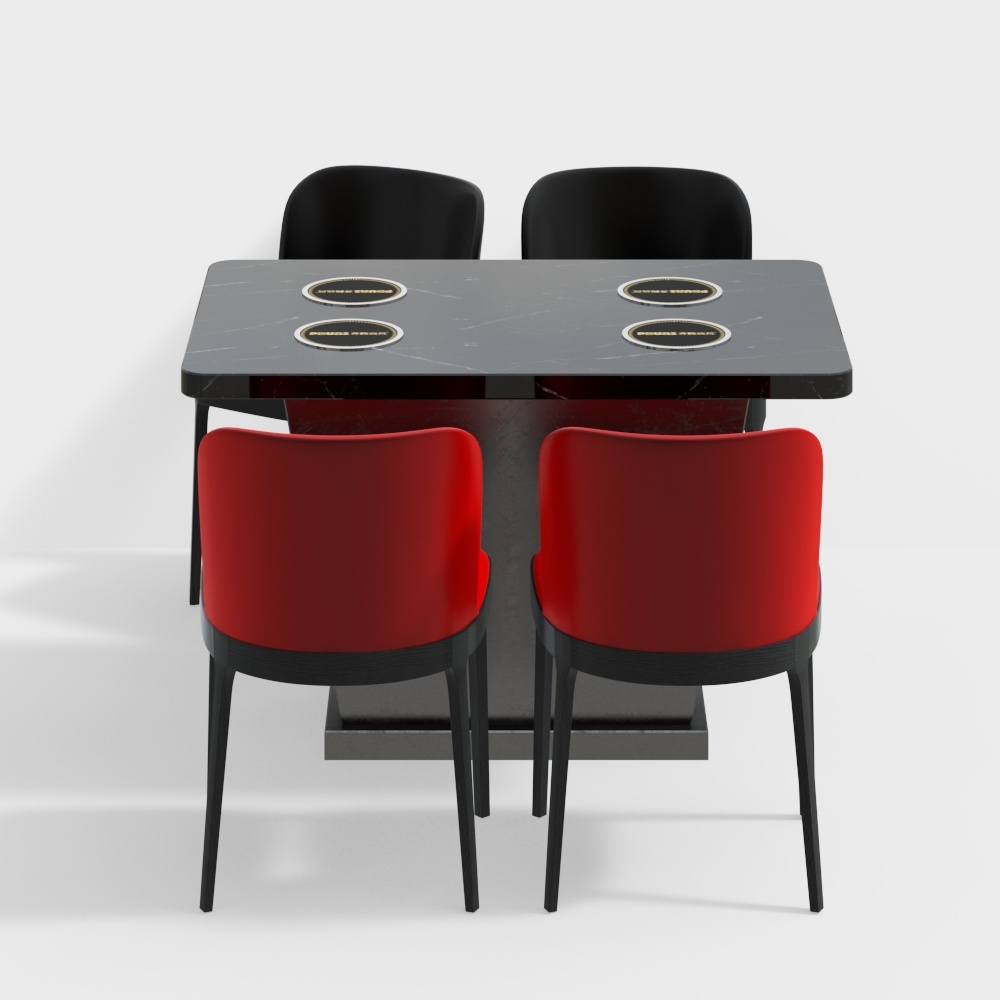 Modern black marble dining table with four red chairs and gold inlays on white background