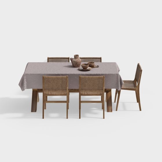 Wooden Woven Dining Table and Chair Set 3D model