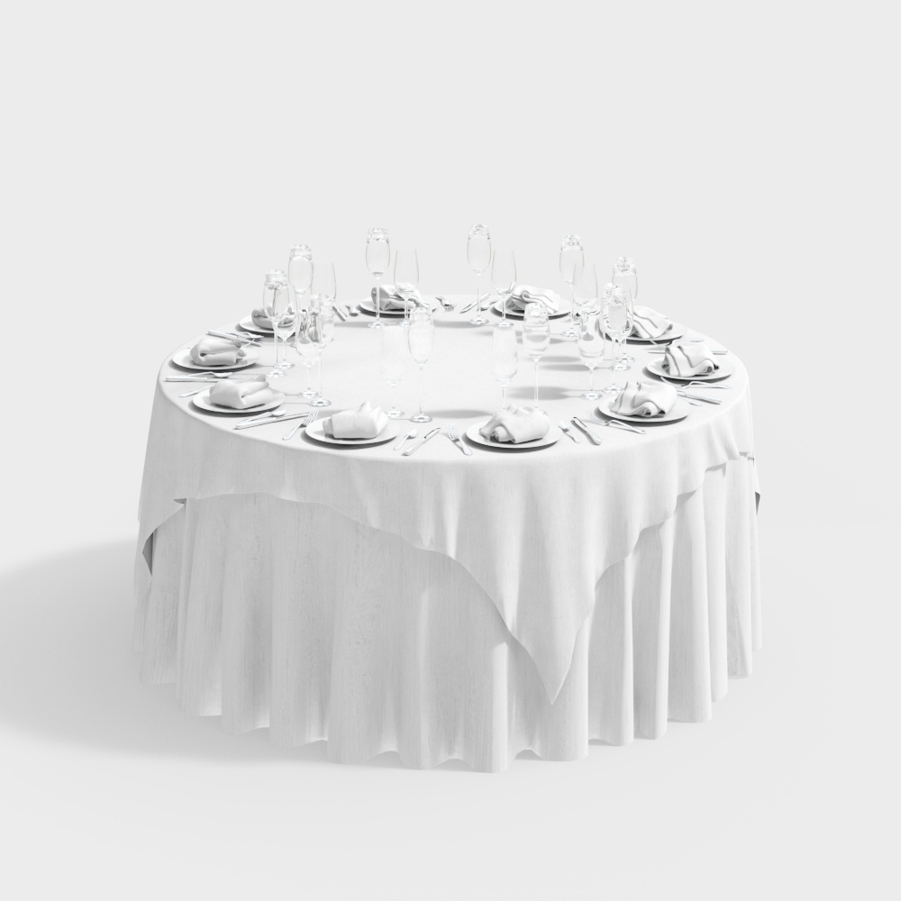 Round table with white cloth and plates set on light grey background