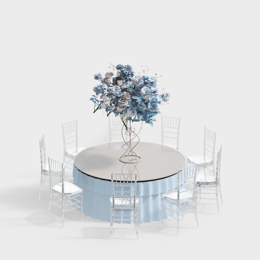Round table with light blue skirt and large blue flower arrangement surrounded by clear chairs on white background