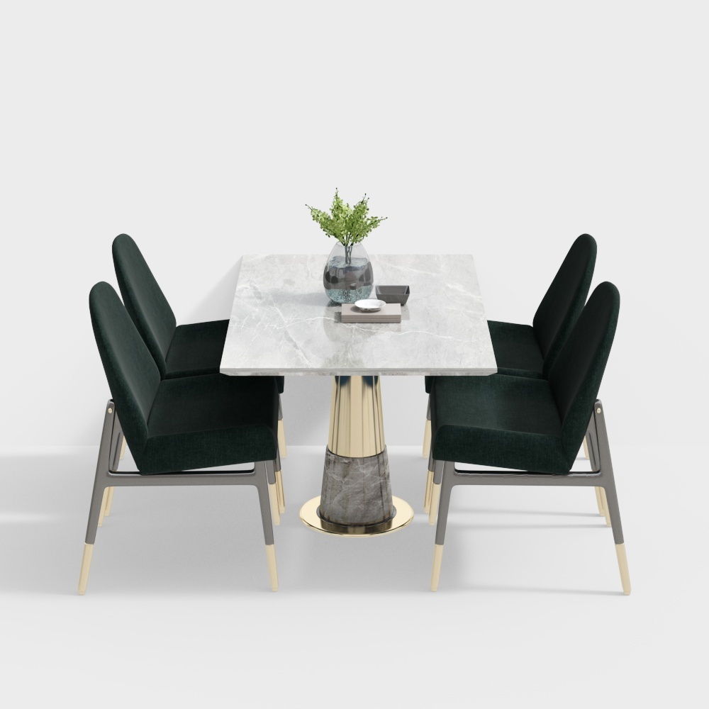 Modern dining room with green dining table and chairs