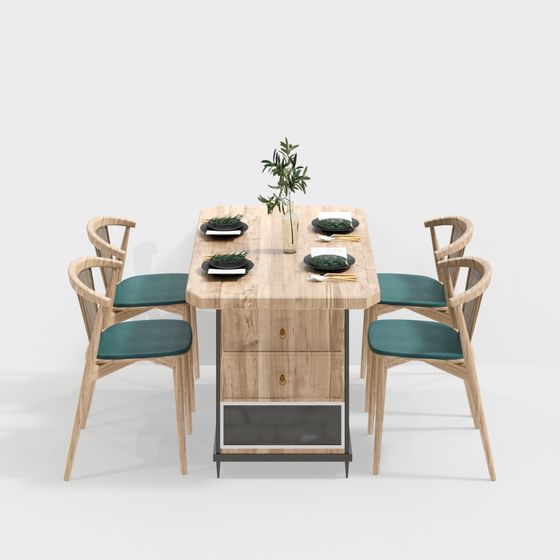 Wooden Dining Table and Chair Set 3D model