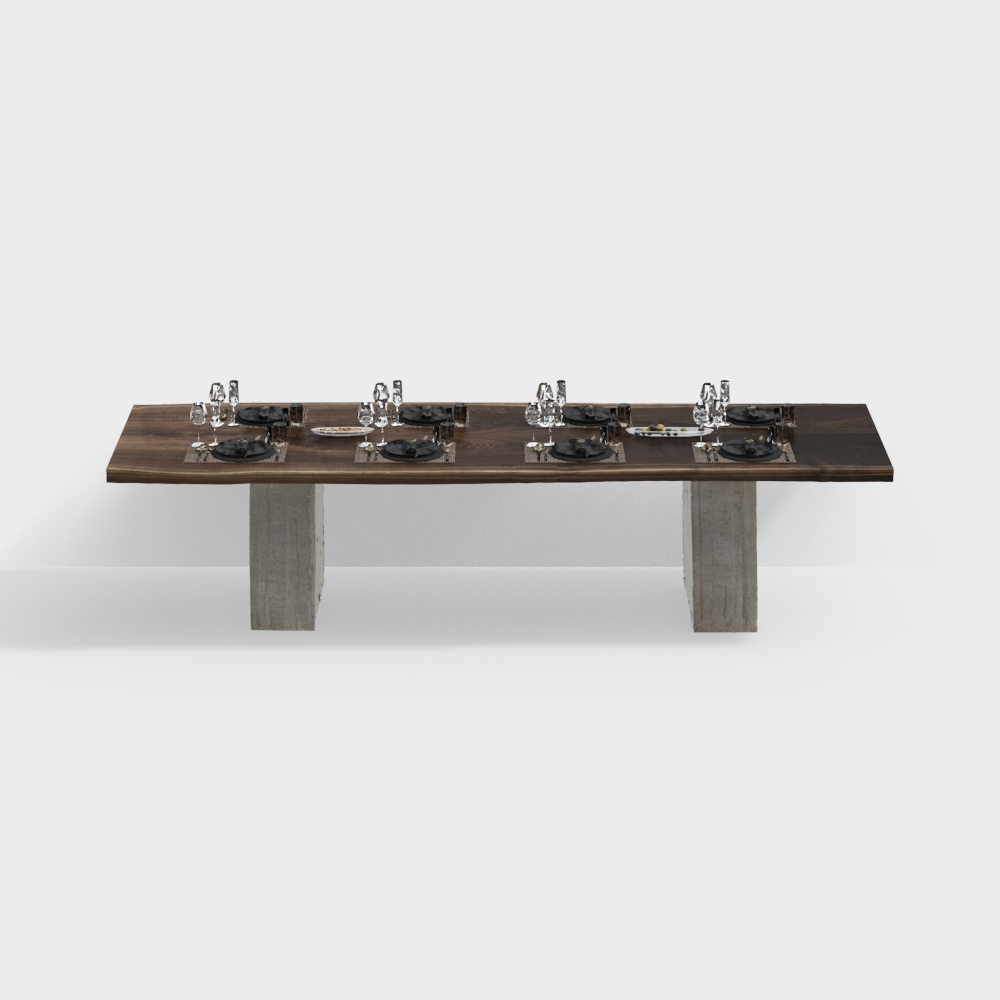 Elegant Dining Table 3D Model – Wood and Concrete