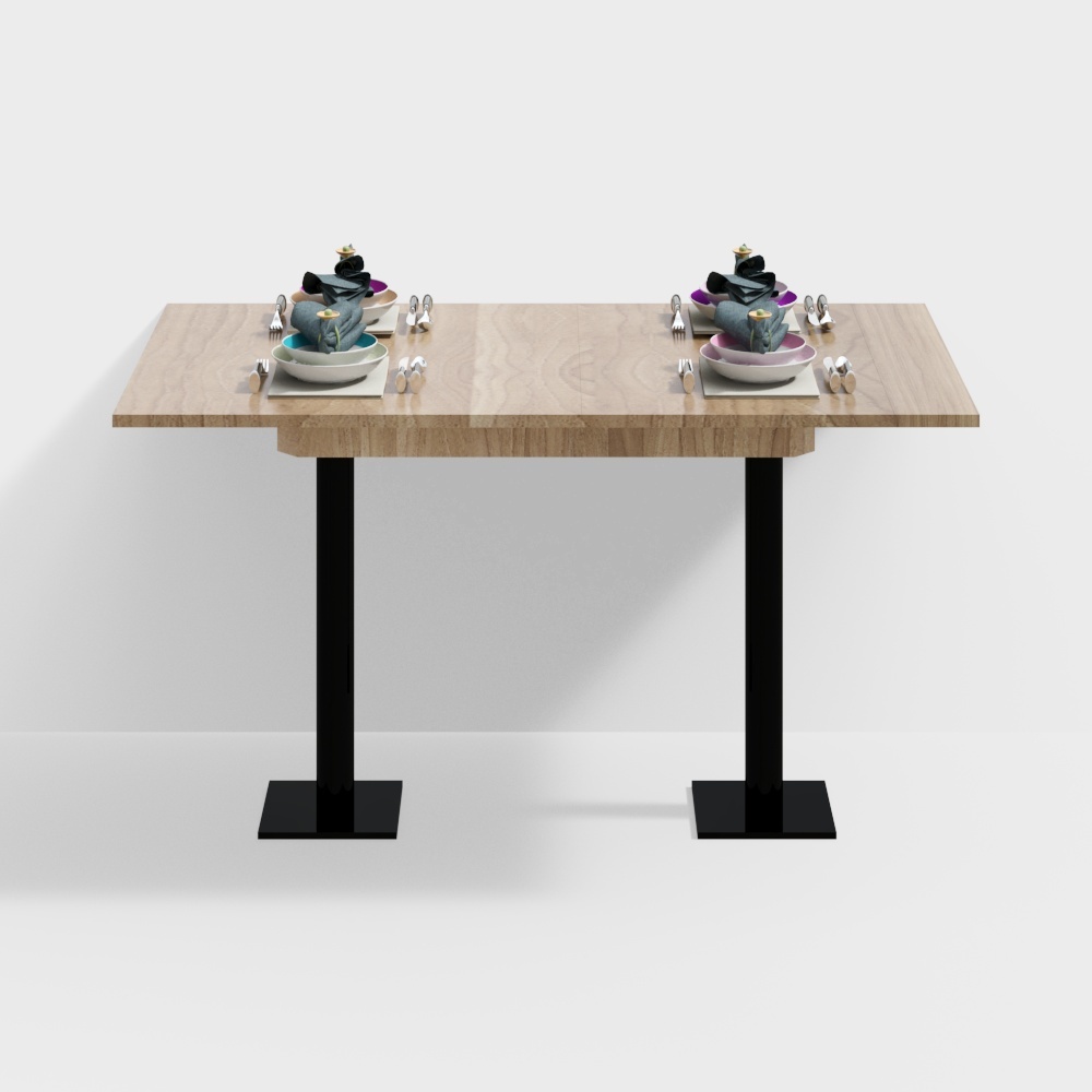 Modern light wood dining table with black metal legs and two place settings on white background