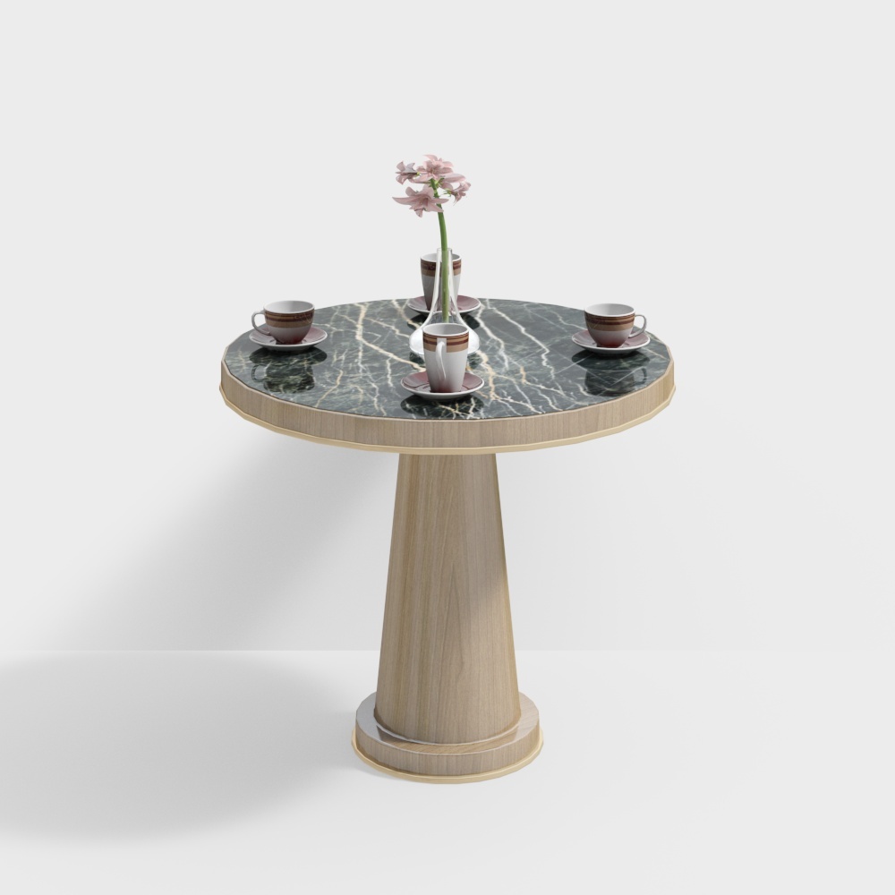 Elegant Round Table 3D Model – Green Marble & Oak Base