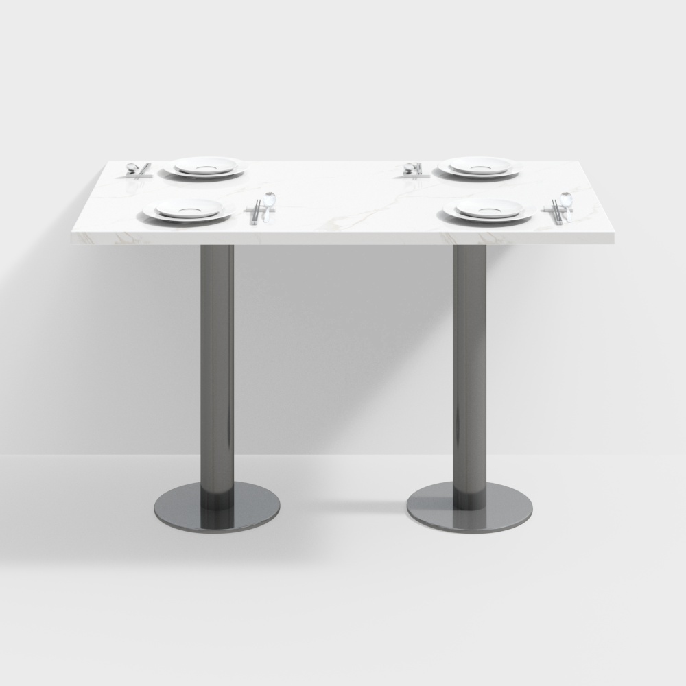 Modern white marble dining table with silver legs and four place settings on white background