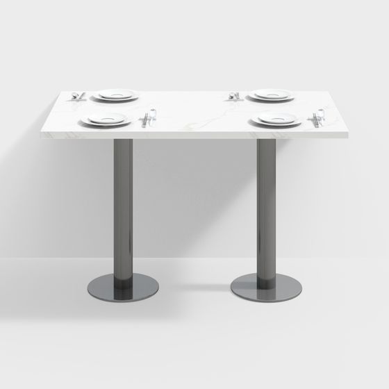 Modern white marble dining table with silver legs and four place settings on white background