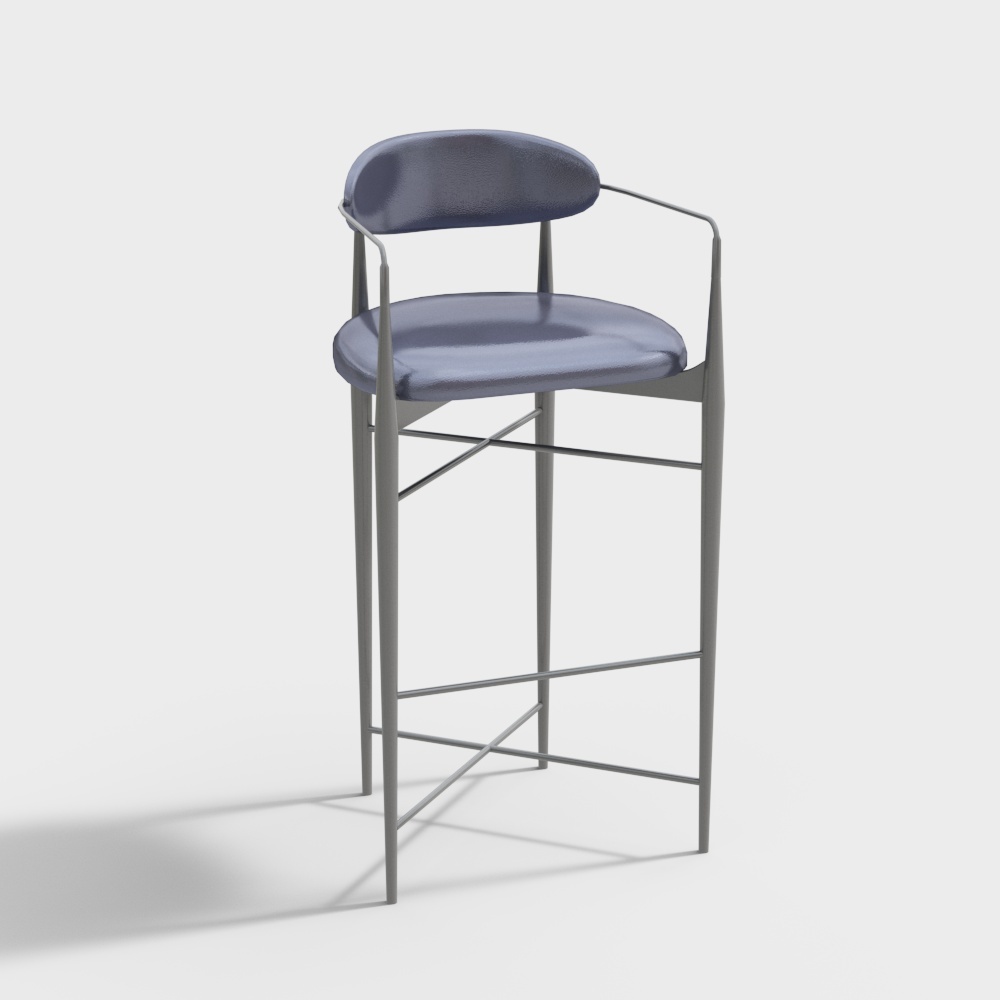 Modern blue bar stool with grey metal frame and footrest on white background