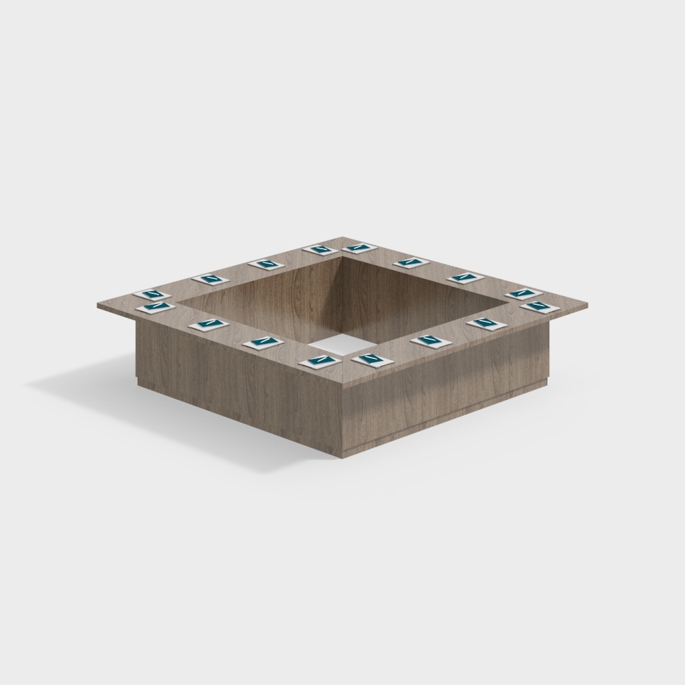 Square wooden table with green and white tiles on grey background