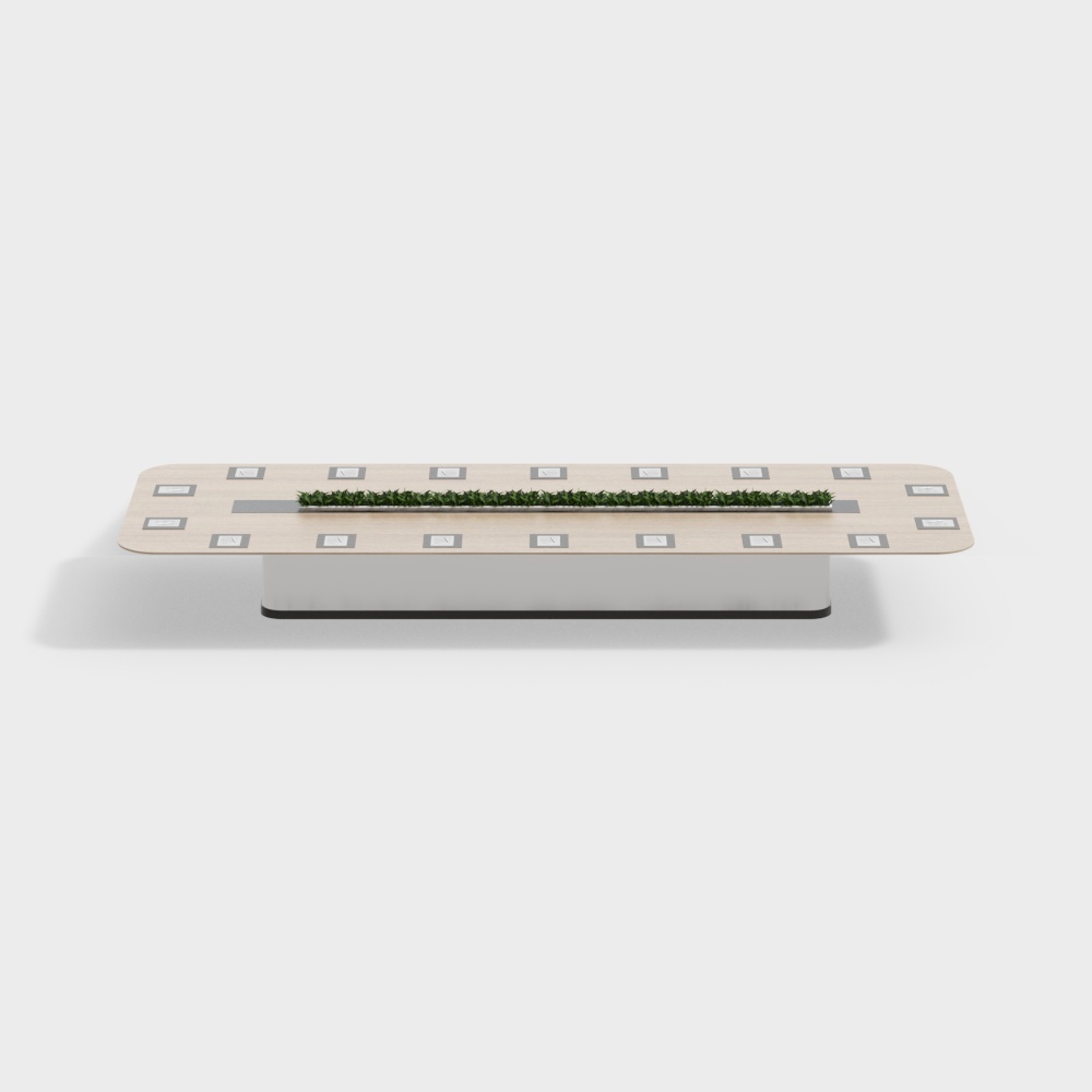 Modern light wood coffee table with green plants and square inlays on white background