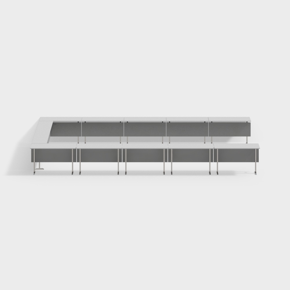 Modern white office desk with grey panels and silver legs on light grey background