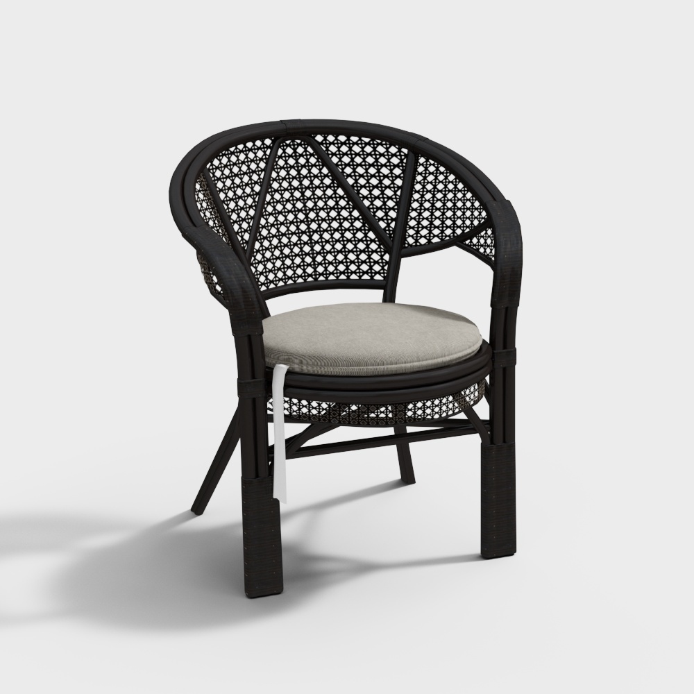 Black wicker armchair with light grey cushion and curved backrest on white background