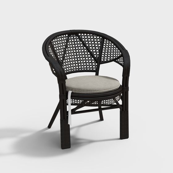 Black wicker armchair with light grey cushion and curved backrest on white background