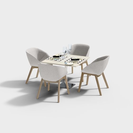 Elegant Low-Polygon Dining Table and Chair Set 3D model