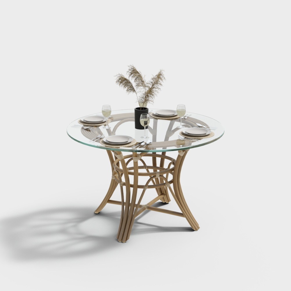 Elegant Low-Poly Dining Table 3D Model – Bamboo & Glass