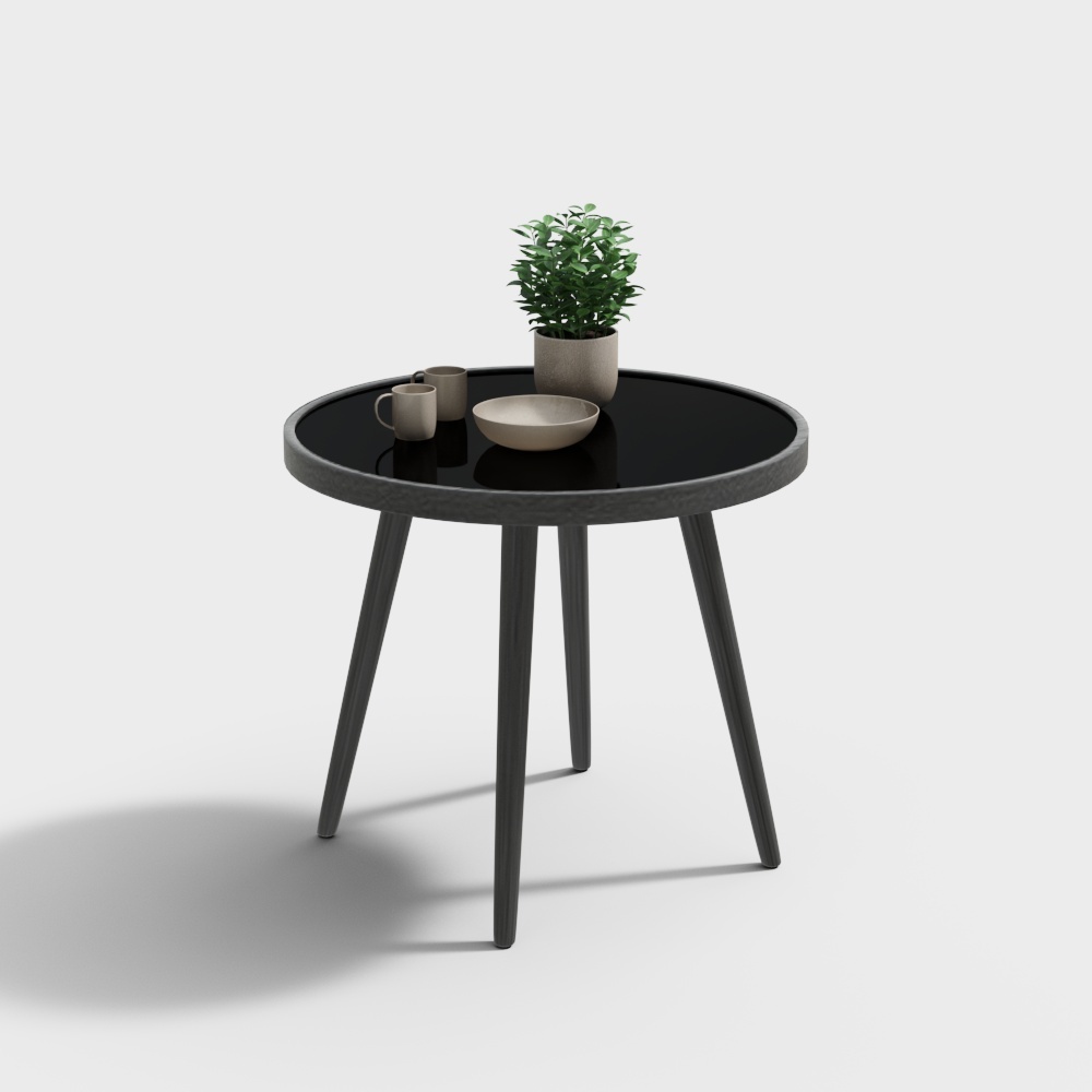 Modern round coffee table with black glass top and dark wood legs on white background